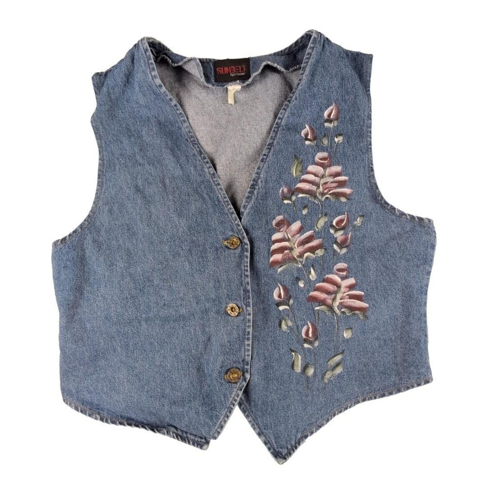 Vintage Denim‎ Vest With Hand Painted Floral Detail 1980s One Size
